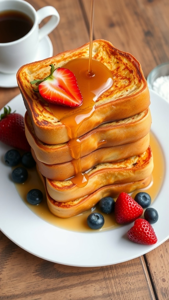 Classic French Toast Recipe for 8 People Stack of golden brown French toast with syrup and fresh berries on a rustic table.